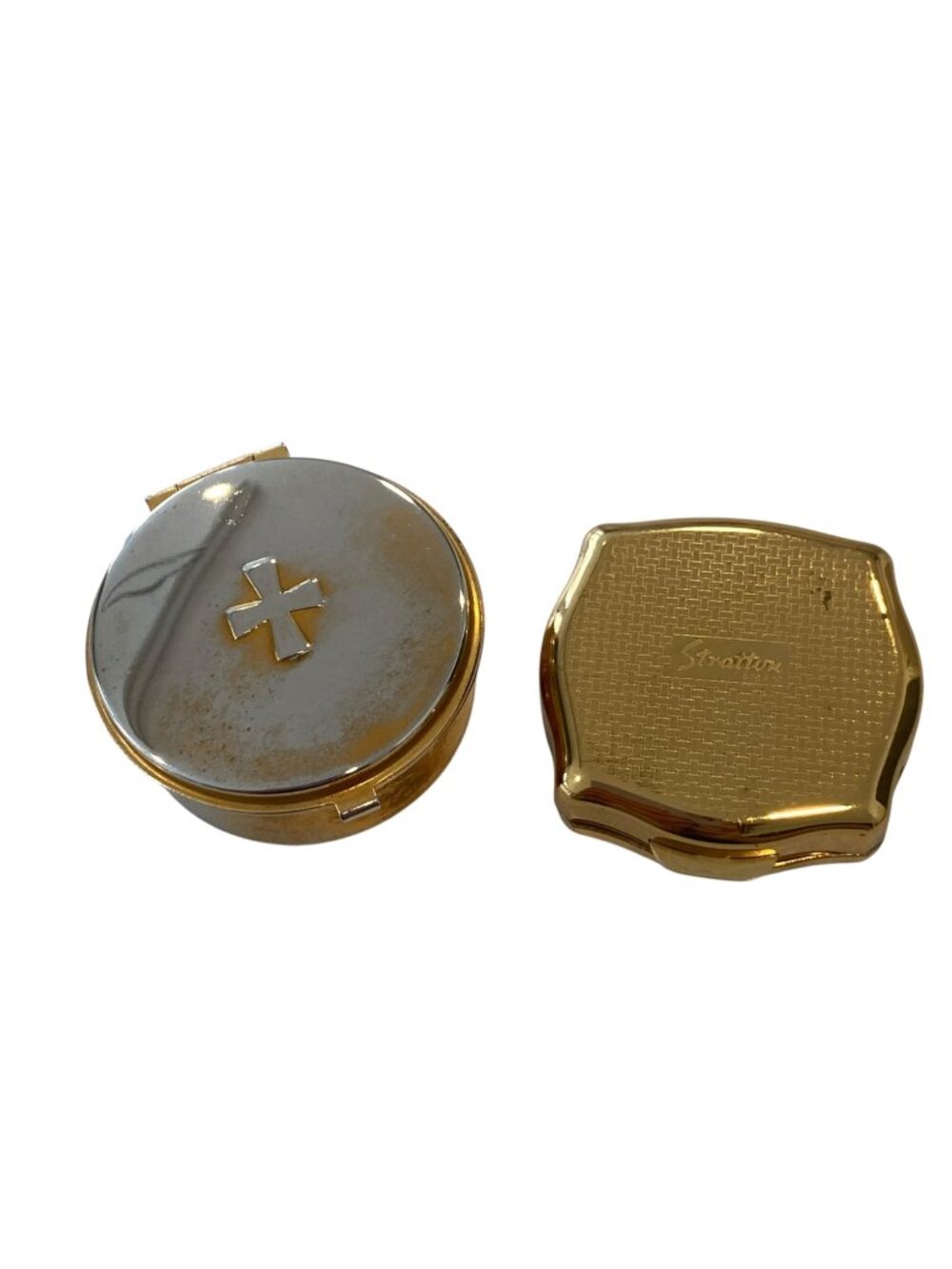 Vintage Stratton England Gold Pill Box Set Ornate Design & Cross Motif Compact S